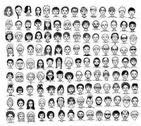 collection  cute  diverse hand drawn faces  black  white