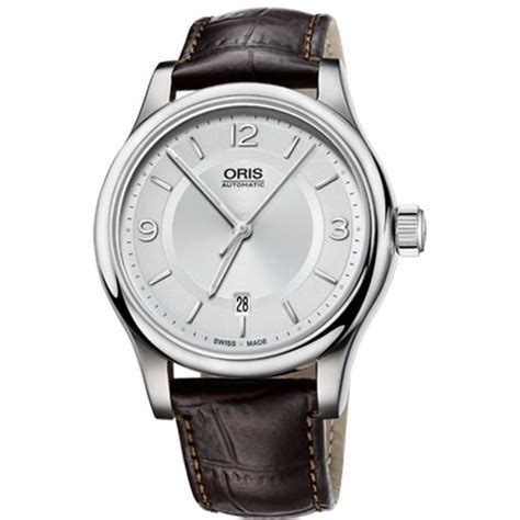 oris classic date silver dial brown leather mens