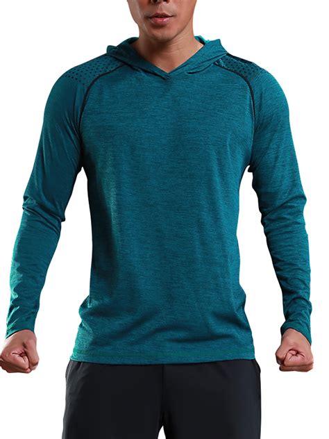 mens long sleeve active sports shirts  hooded performance lightweight crew neck tee moisture