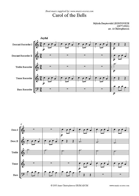 leontovich carol   bells recorder ensemble classical sheet