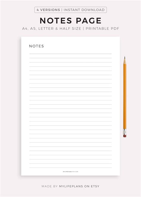 paper aaus letter notes planner insert notes page planner printable