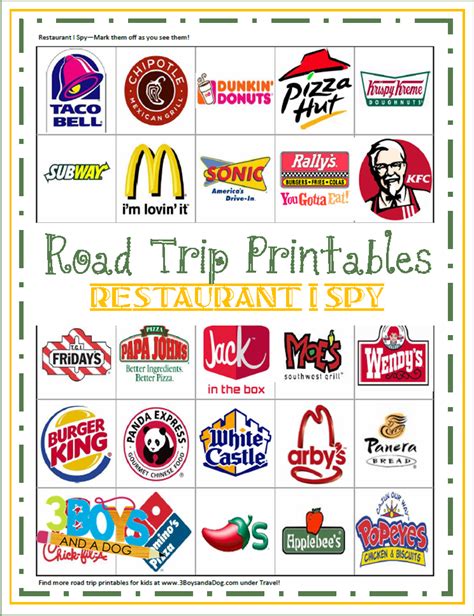 road trip printables  kids restaurant  spy  check