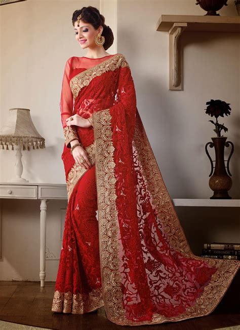 Beautiful Red Net Wedding Saree