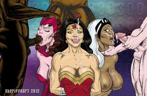 blowbang with wonder woman storm and scarlet witch crossover group sex superheroes pictures
