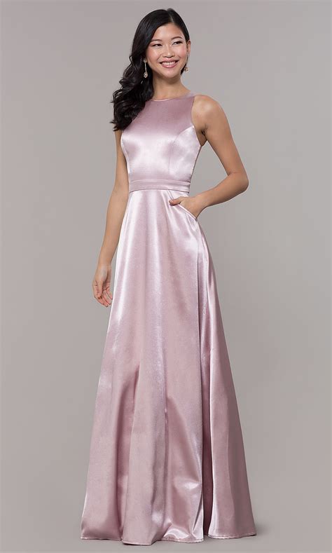 High Neck Long Satin Prom Dress With Pockets Promgirl