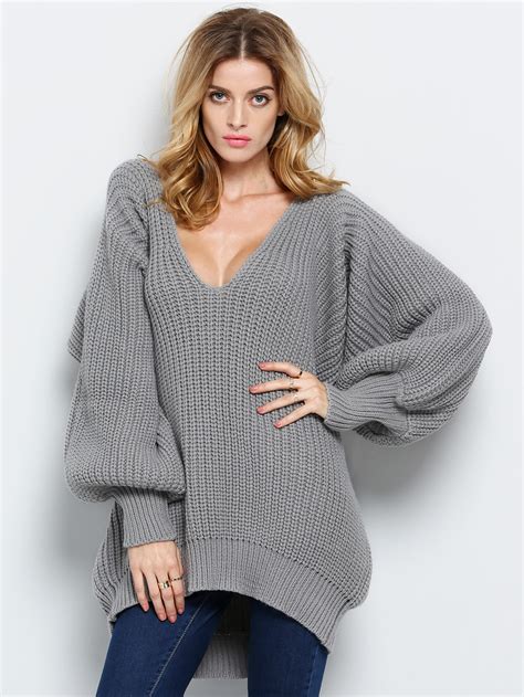 grey v neck loose knit sweater shein sheinside