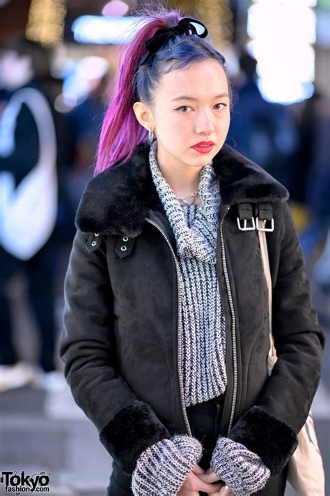 pink haired harajuku girl in handm jacket thrift knit