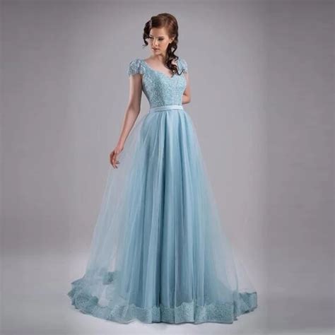 fashion light blue evening gown appliques sequined organza evening