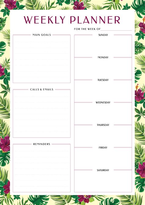 printable weekly planner  main goals