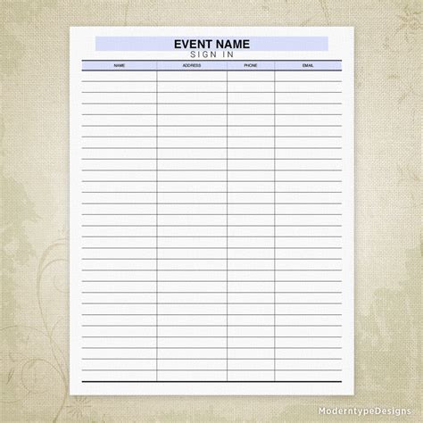 event sign sheet printable personalized