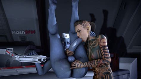 rule 34 3d alien animated asari blue eyes blue skin body tattoo brown hair fellatio female