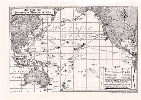 Old Map Of The Pacific Ocean During World War Ii Old