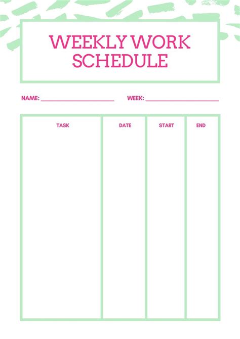 weekly work schedule   work planner weekly planner template