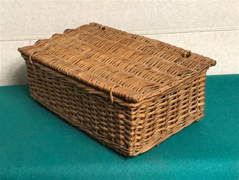 vintage wicker rattan basket  hinged lid french brocade basket suitcase style picnic