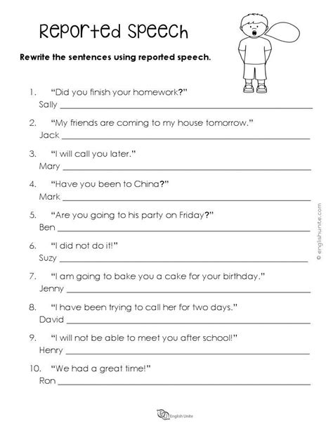 Reported Speech Worksheet | Reported speech, Indirect