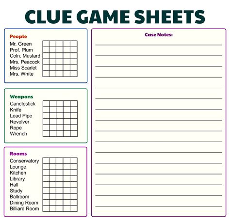 printable clue game sheets printable templates