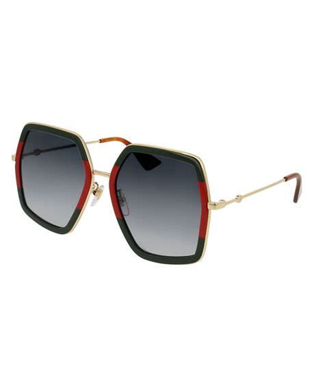 gucci square frame striped acetate and gold tone sunglasses in green
