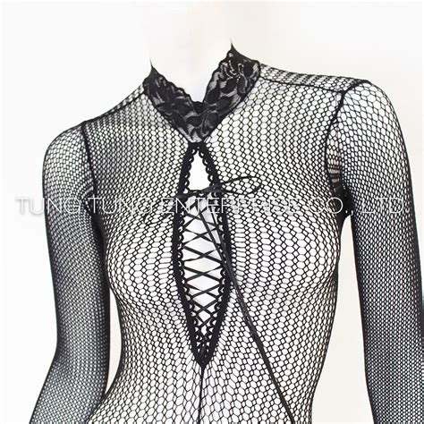 Long Sleeves Lace Trimed Neckline Sexy Open Bust Lovely Girl Body