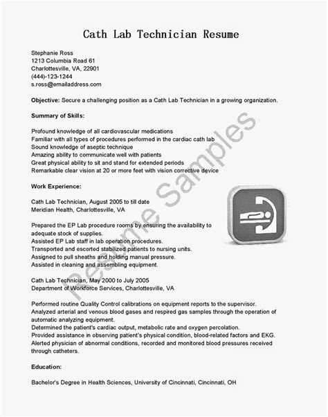 resume samples cath lab technician resume sample