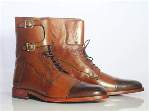 bespoke  tone leather buckle lace  boots  mens boots