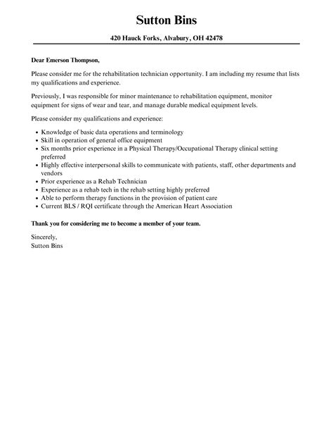 rehabilitation technician cover letter velvet jobs