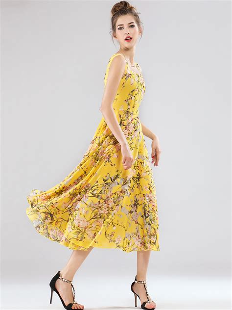 new online shopping new style yellow floral print sleeveless skater midi dress 117 9800