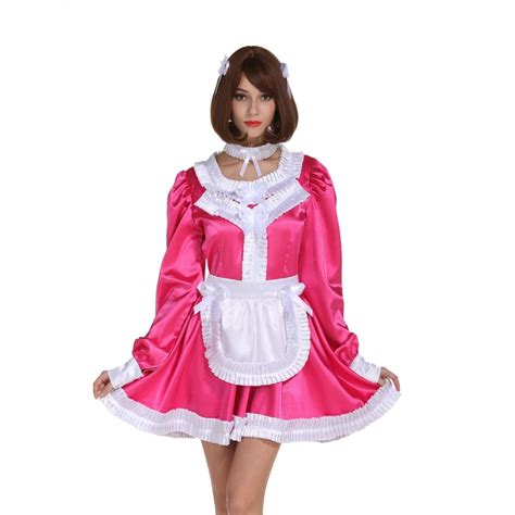 sissy girl maid lockable pleated frill rose carmine dress crossdress