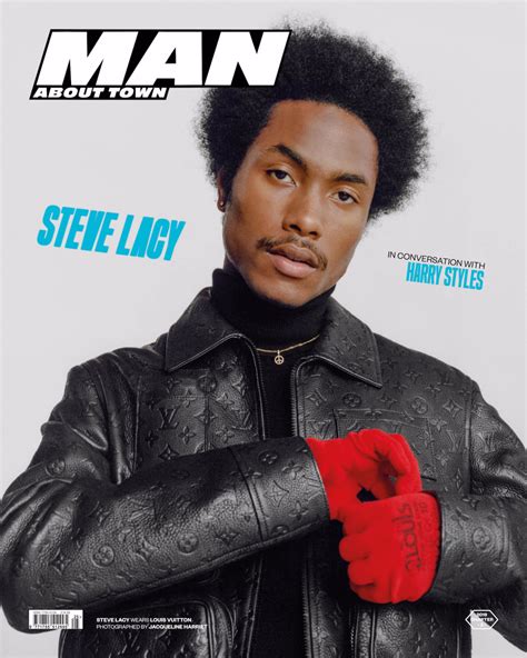 the cover of man about town magazine featuring steve lacy wearing red