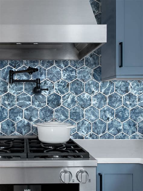 blue hexagon glass mosaic tile backsplash bathroom walls