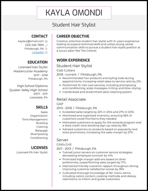 sample resume  hairstylist
