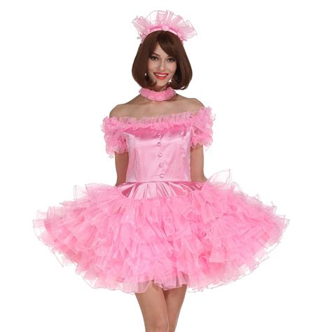 sissy girl off shoulder puffy pink dress crossdressing cosplay costume