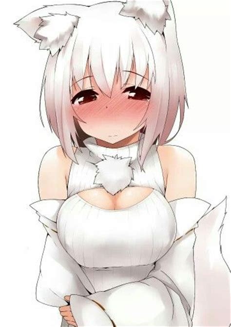 neko with white hair open chested sweater tail blushing