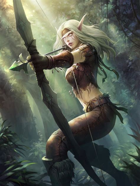 female elf ranger wield bow character portrait scene forest wood