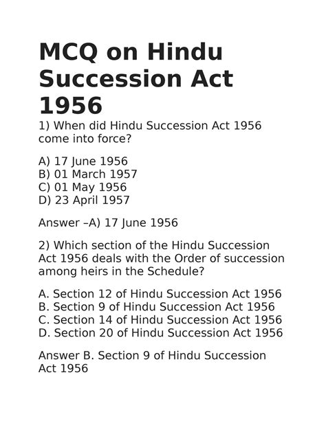 mcq  hindu succession act  mcq  hindu succession act