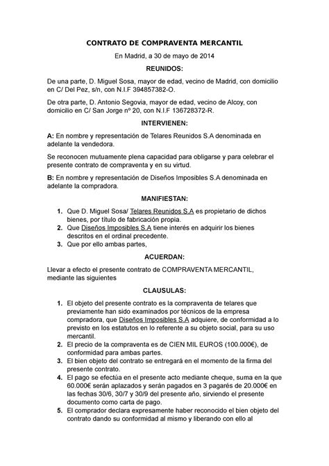 modelo de contrato de compraventa mercantil contrato de compraventa