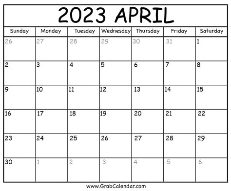 printable april  calendar