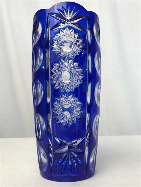 Cobalt Blue Cut To Clear Crystal Art Glass Vase