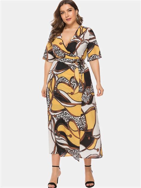 wipalo women plus size 6xl chain print wrap maxi dress plunging neck