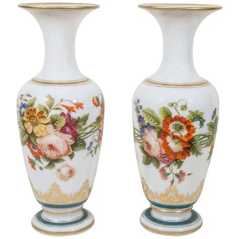 Pair Of Antique Opaline Glass Vases With Hand Painted