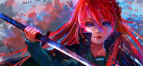 papel de parede anime meninas anime vermelho arma azul espada