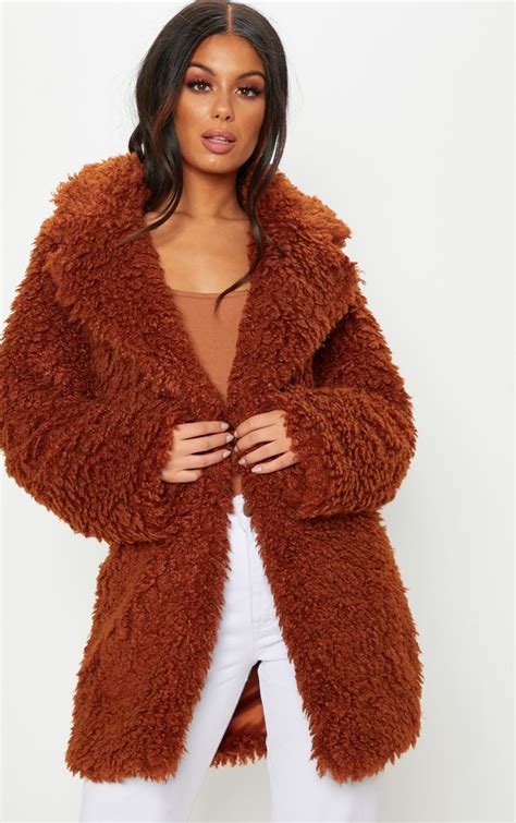 brown teddy fur coat coats jackets prettylittlething