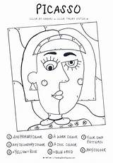 Picasso Colour Kunstunterricht Niños Grundschule Zahlen Atividades Figuras Lessons Clases Arbeitsblatt Enseñar Feeding Druckbar Farbtheorie Cubism Handouts Mascaras Basteln Aulas sketch template