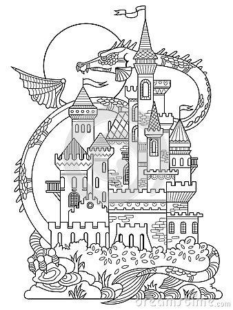 castle  dragon coloring book vector zentangle fantasy landscape