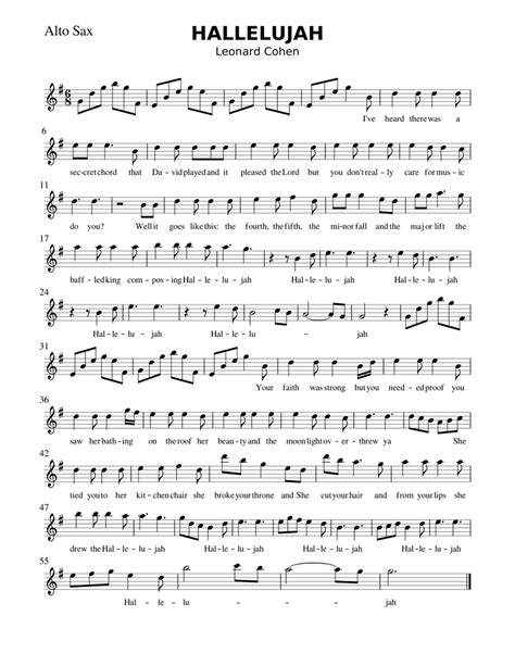 Hallelujah Leonard Cohen Alto Sax Sheet Music For Saxophone Alto Solo