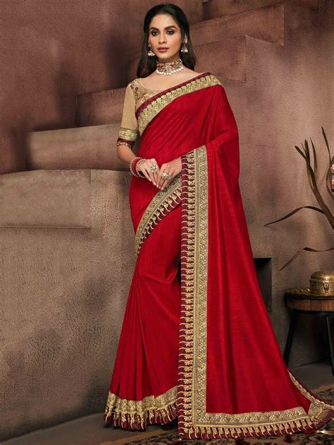 red silk plain saree  embroidered border party wear sarees