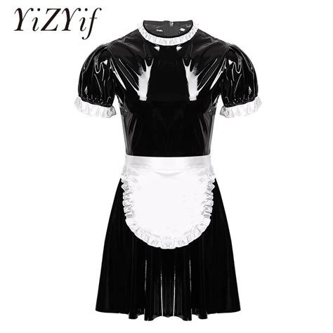 mens sissy maid cosplay costume set wet look patent flared dress with