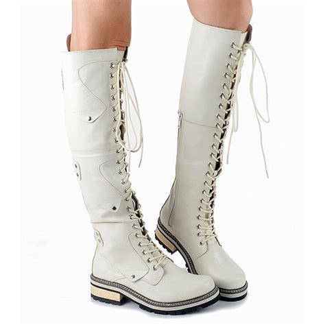 white genuine leather women knee high boots fashion lace  flats dress