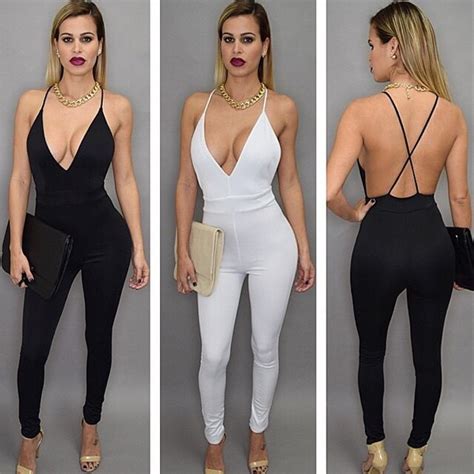 women sexy black v neck party club jumpsuits rompers white backless