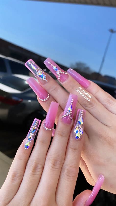 pink nails  diamond   diamond nails pink nails nails