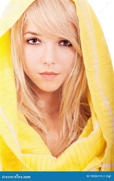 woman  yellow hood stock image image  closeup isolated